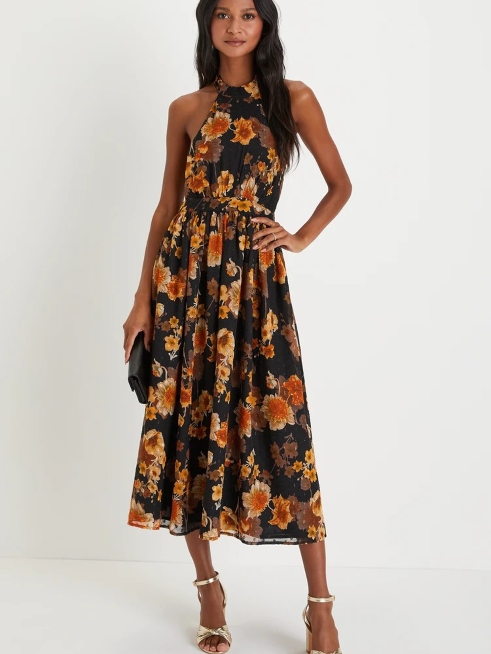 Lulud Halter Neck Black Floral Midi Dress - Size M